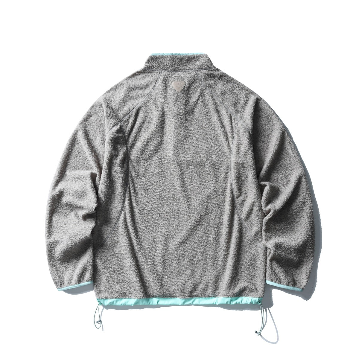 Back view of a gray textured jacket with aqua trim at the cuffs and hem and adjustable hem cords.