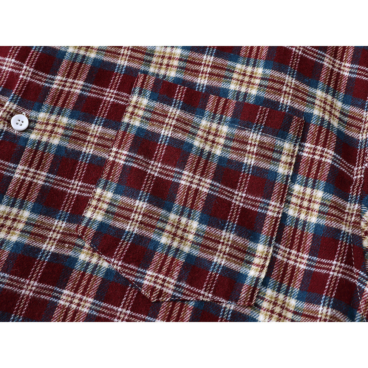 Close-up of a chest pocket and white button on a burgundy, navy, cream and tan plaid shirt.