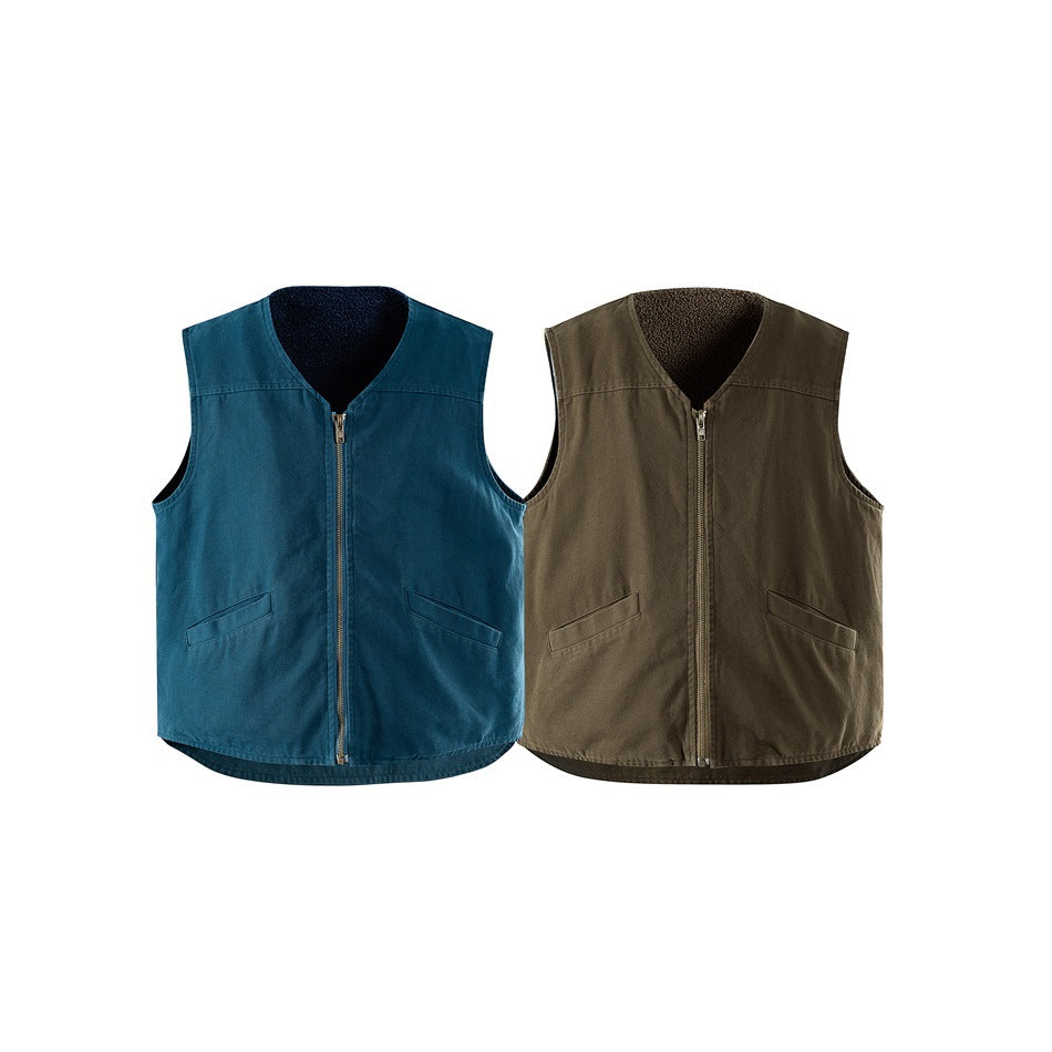 Two sleeveless zip-front vests shown from the front in teal and brown, each with a V-neck and two angled pockets.