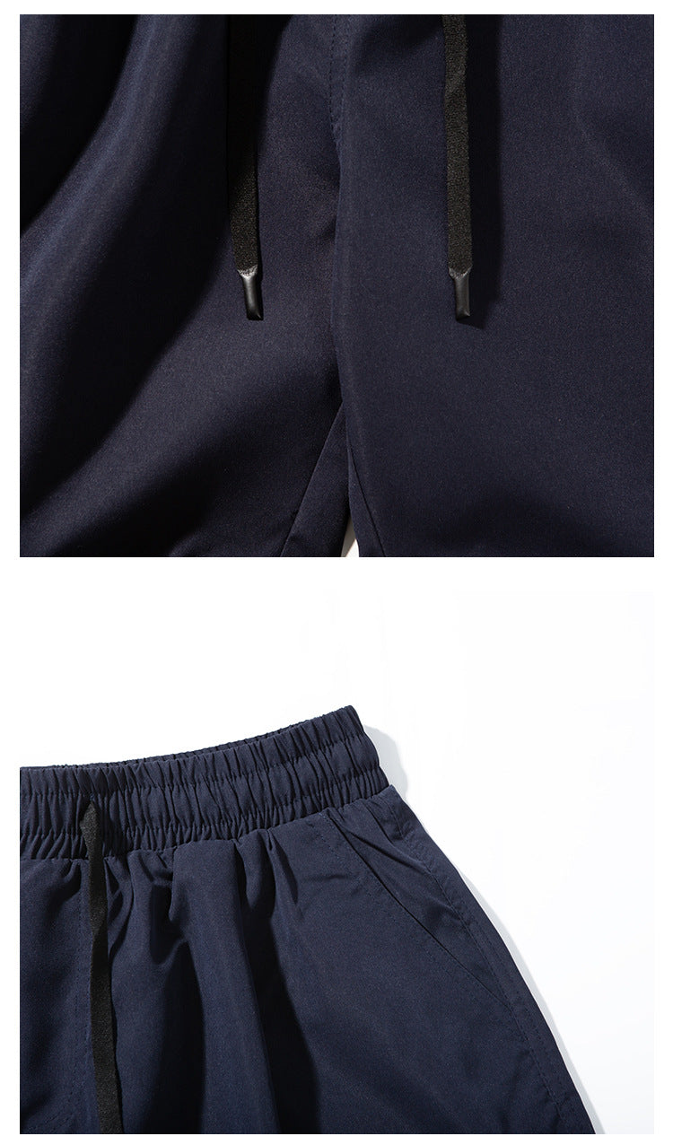 Close-ups of dark navy pants showing drawstring ends and a slanted side pocket.