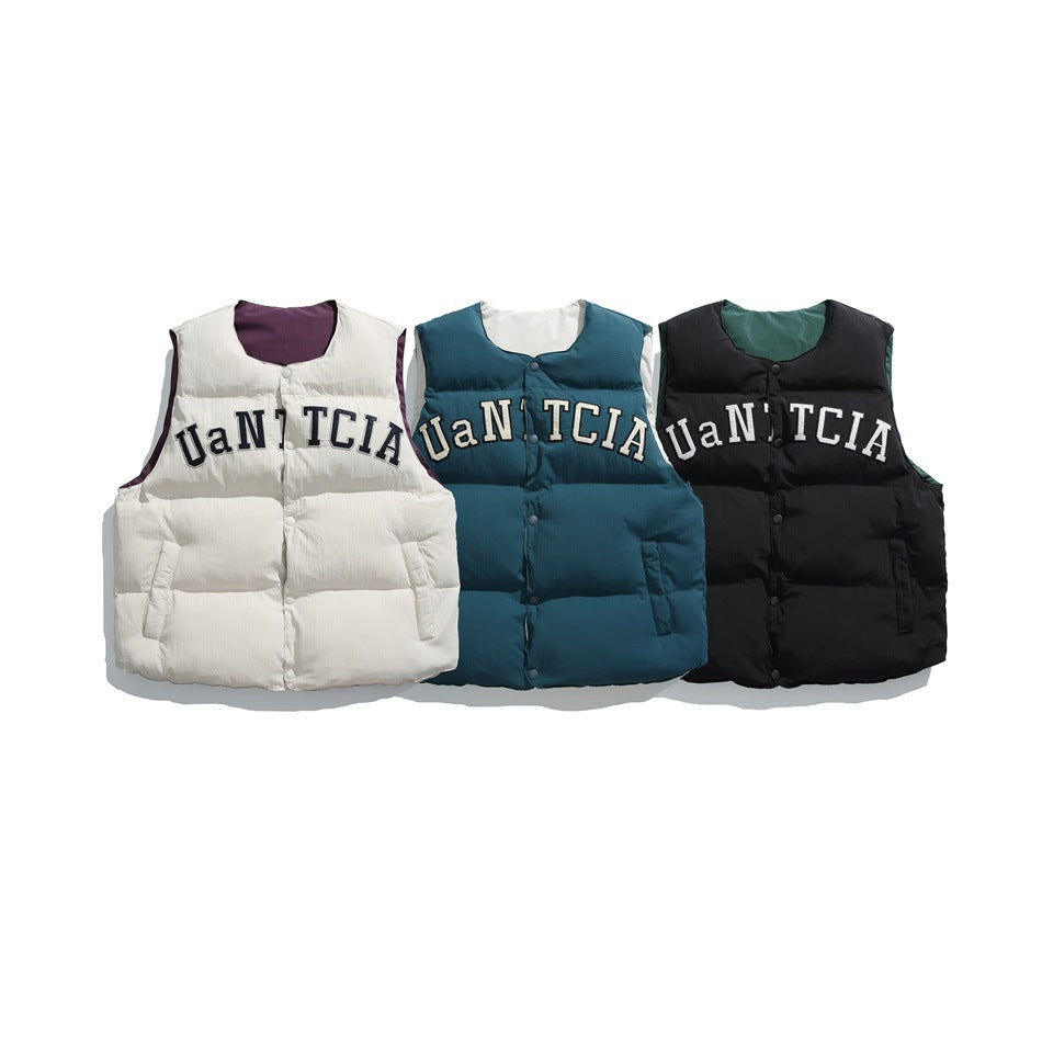 Three sleeveless snap-front padded vests with chest lettering, shown in cream, teal, and black.