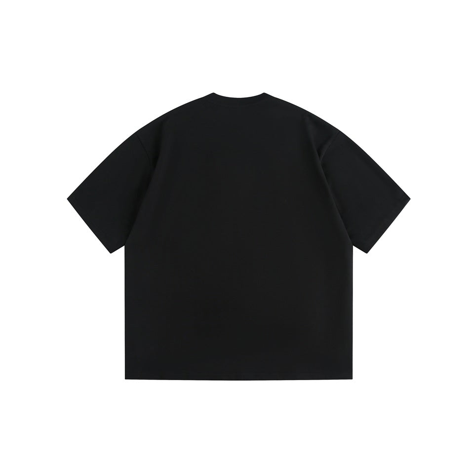 Back view of a plain black short-sleeve crew-neck T-shirt on a white background.