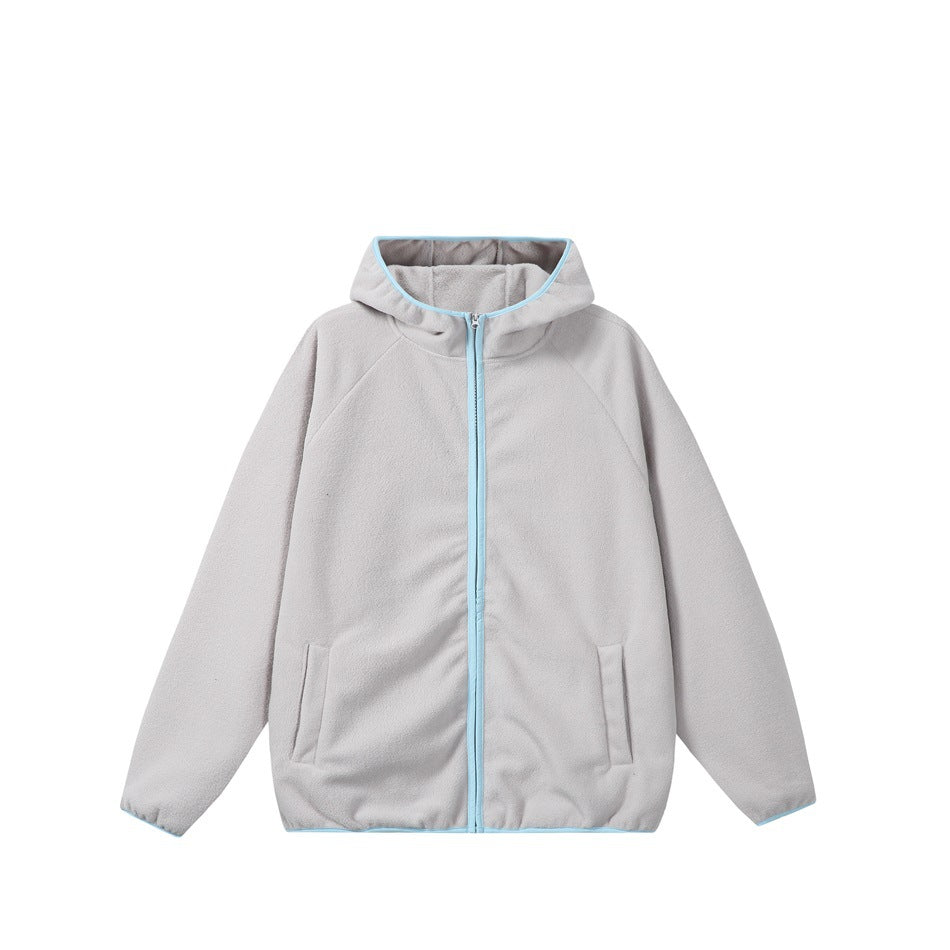 Light gray fleece-like zip-up hooded jacket with light blue piping and front slip pockets, front view
