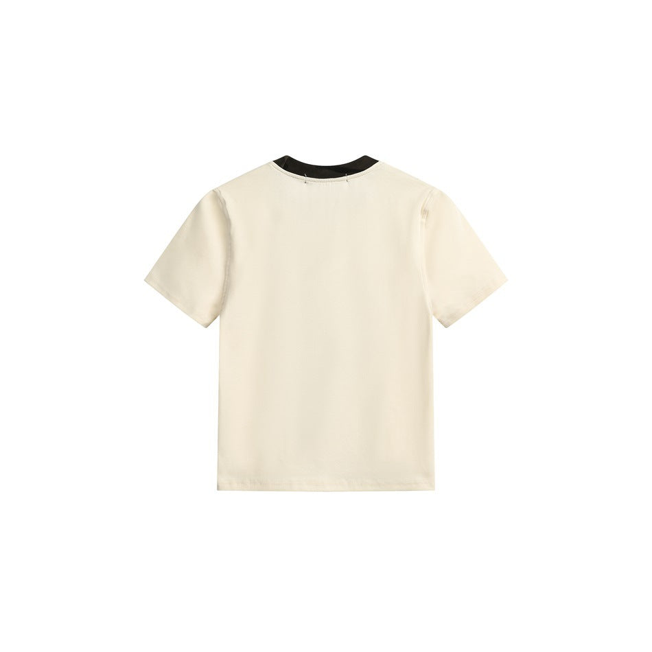 Back view of a cream short-sleeve T-shirt with a contrasting dark crew neckline.