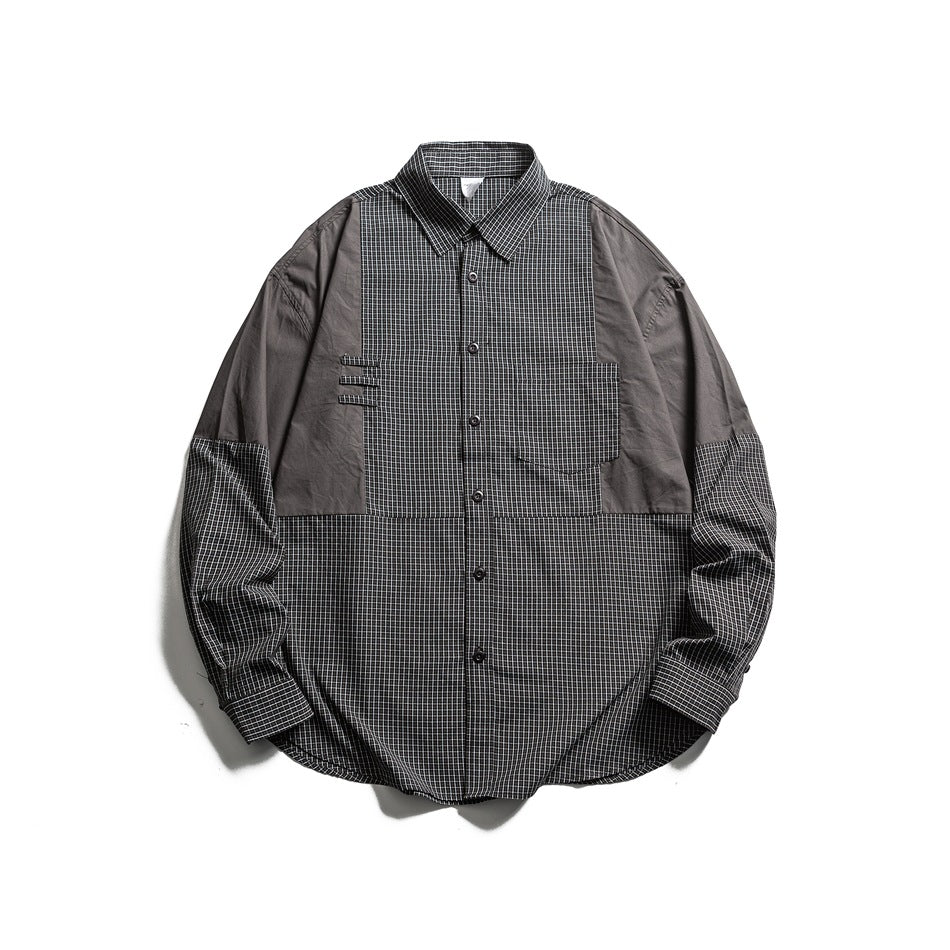 Black-gray patchwork check long-sleeve button shirt, front flat lay with chest pocket