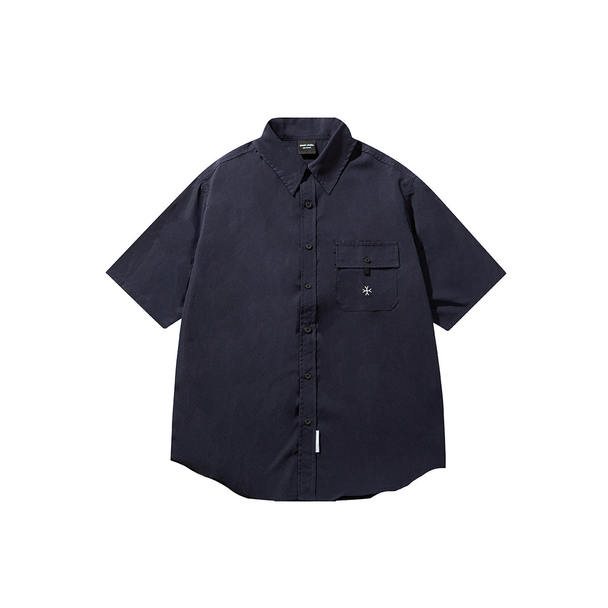 Navy short-sleeve button-up shirt, front flat lay, with chest flap pocket and curved hem