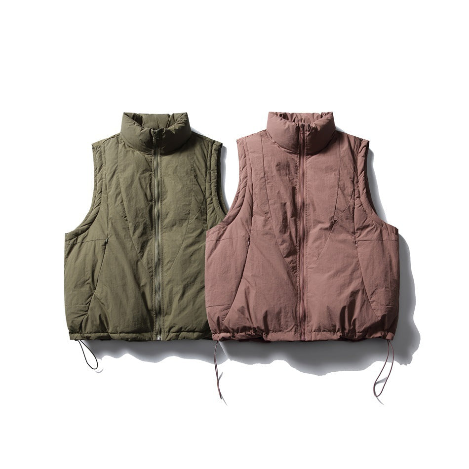 Front view of sleeveless high-collar zip vests in olive and dusty mauve, with gathered hems and drawcords.