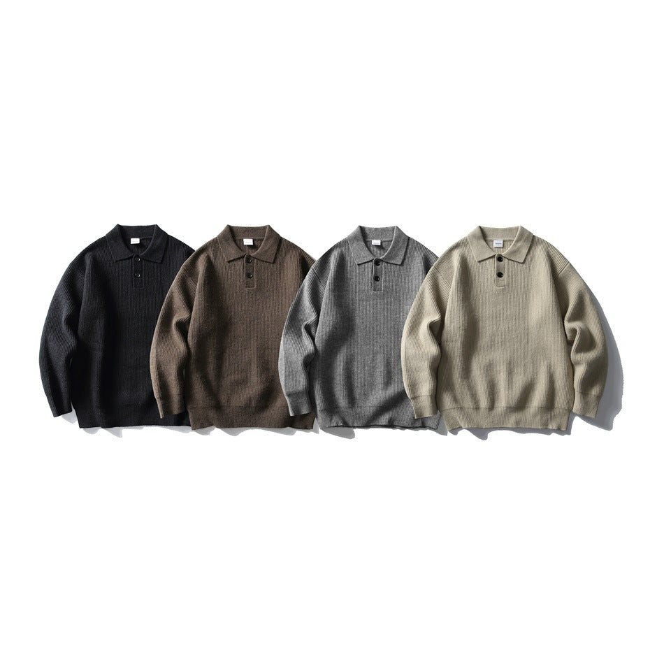 Four long-sleeve rib-knit polo sweaters shown from the front in black, brown, gray, and beige.