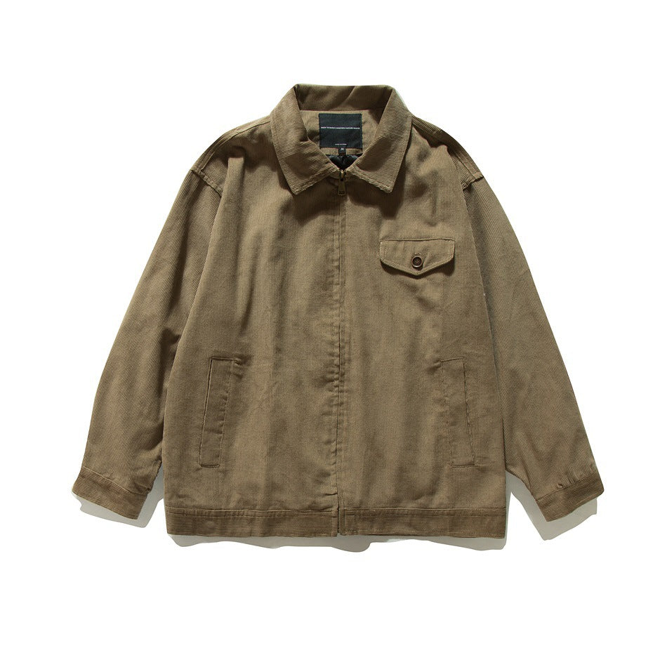 Front view of a brown collared jacket with a zip closure, buttoned chest pocket, and two lower pockets.