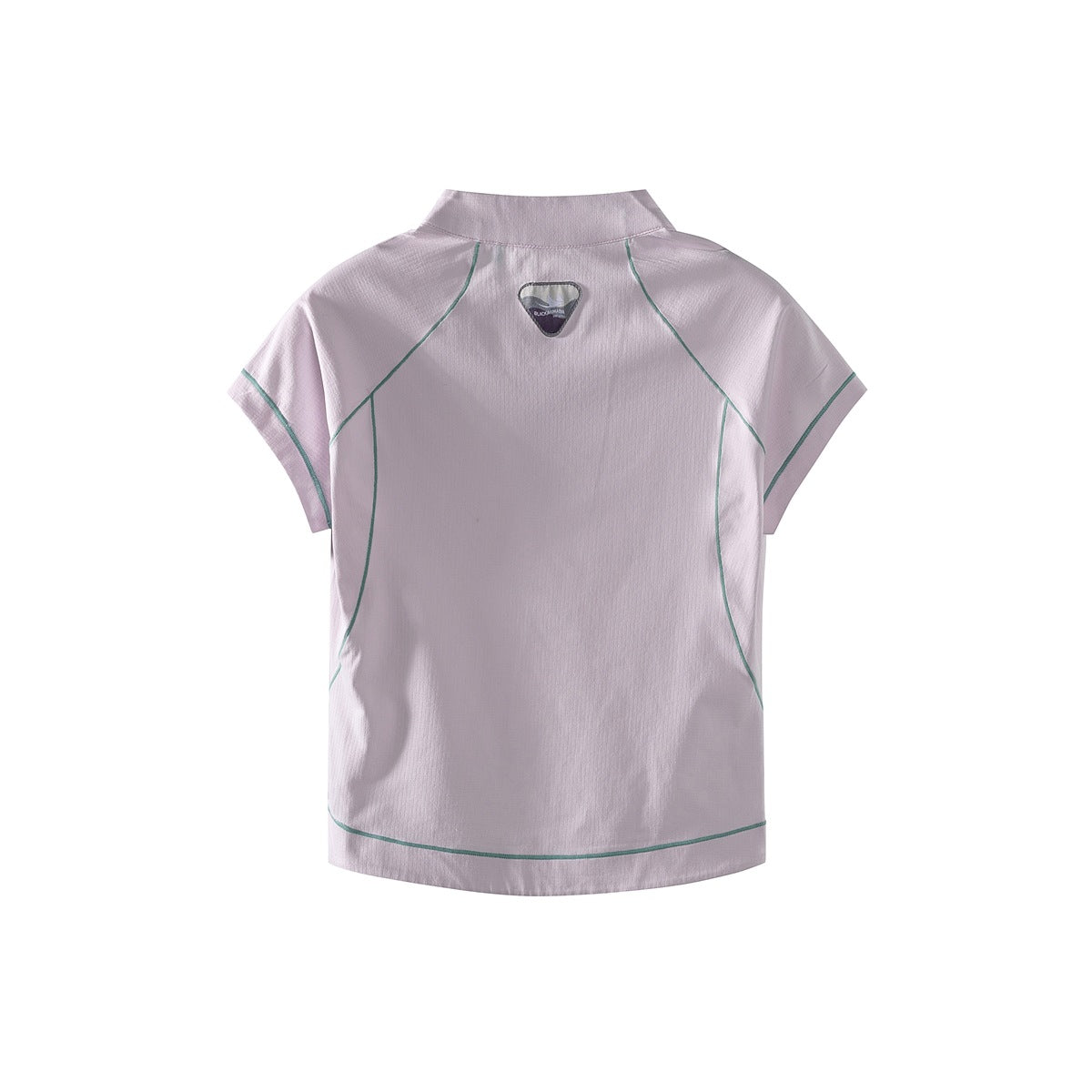 Back view of a pale lavender short-sleeve top with a high collar and green contrast seam details.