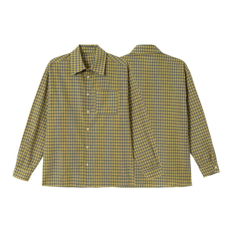 Yellow-and-blue plaid long-sleeve button-up shirt shown from the front and back, with a chest pocket.