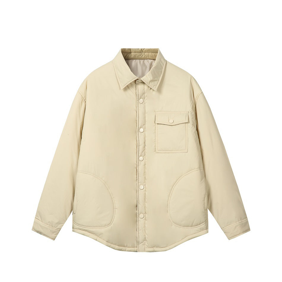 Light yellow quilted shirt-style jacket with snap front, chest flap pocket and two rounded lower pockets, flat lay