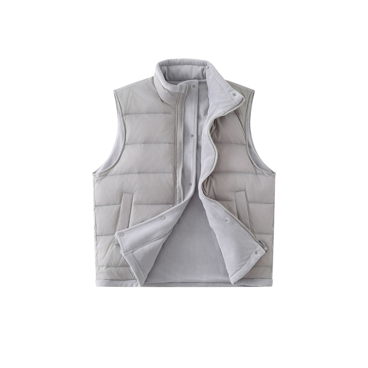 Light gray sleeveless vest shown open, with a quilted exterior, plush inner face, stand collar, and snap closures.