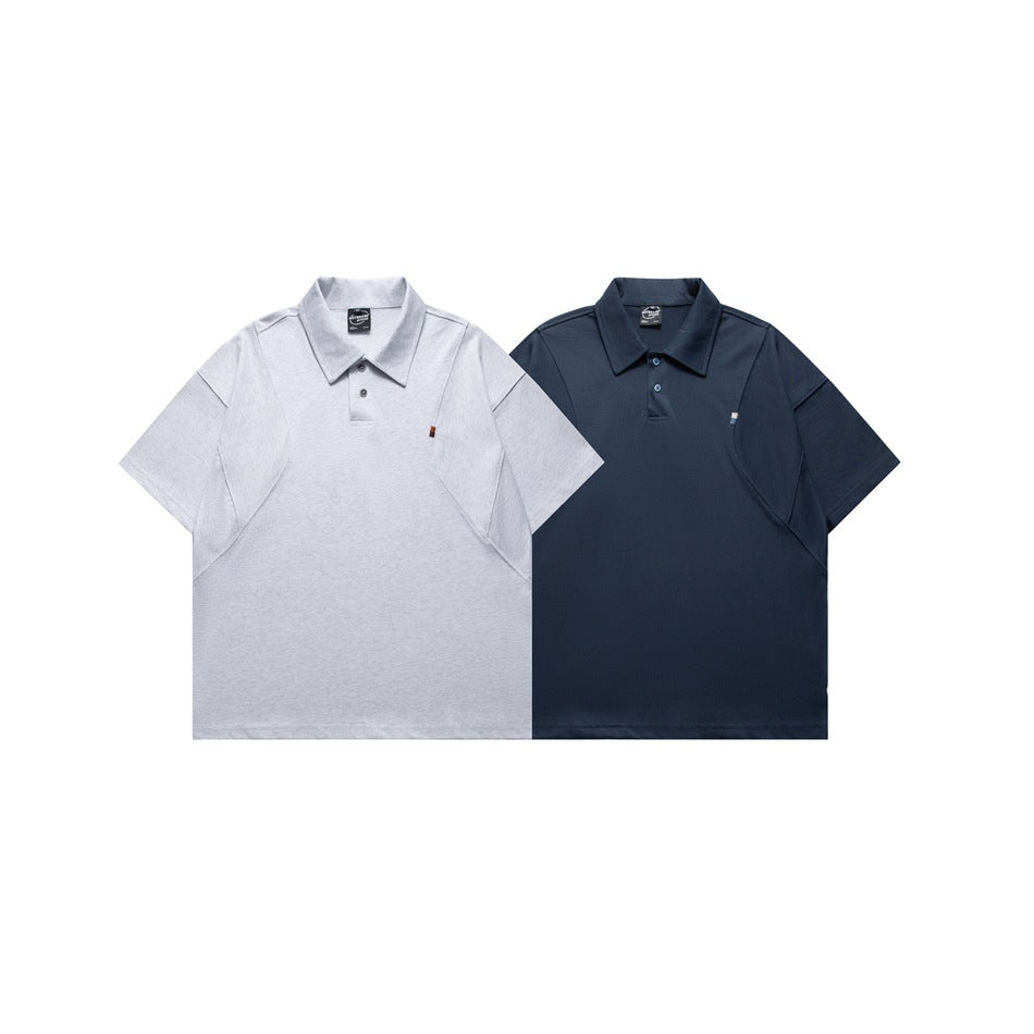 Two short-sleeve polo shirts shown from the front, one light gray and one dark navy.