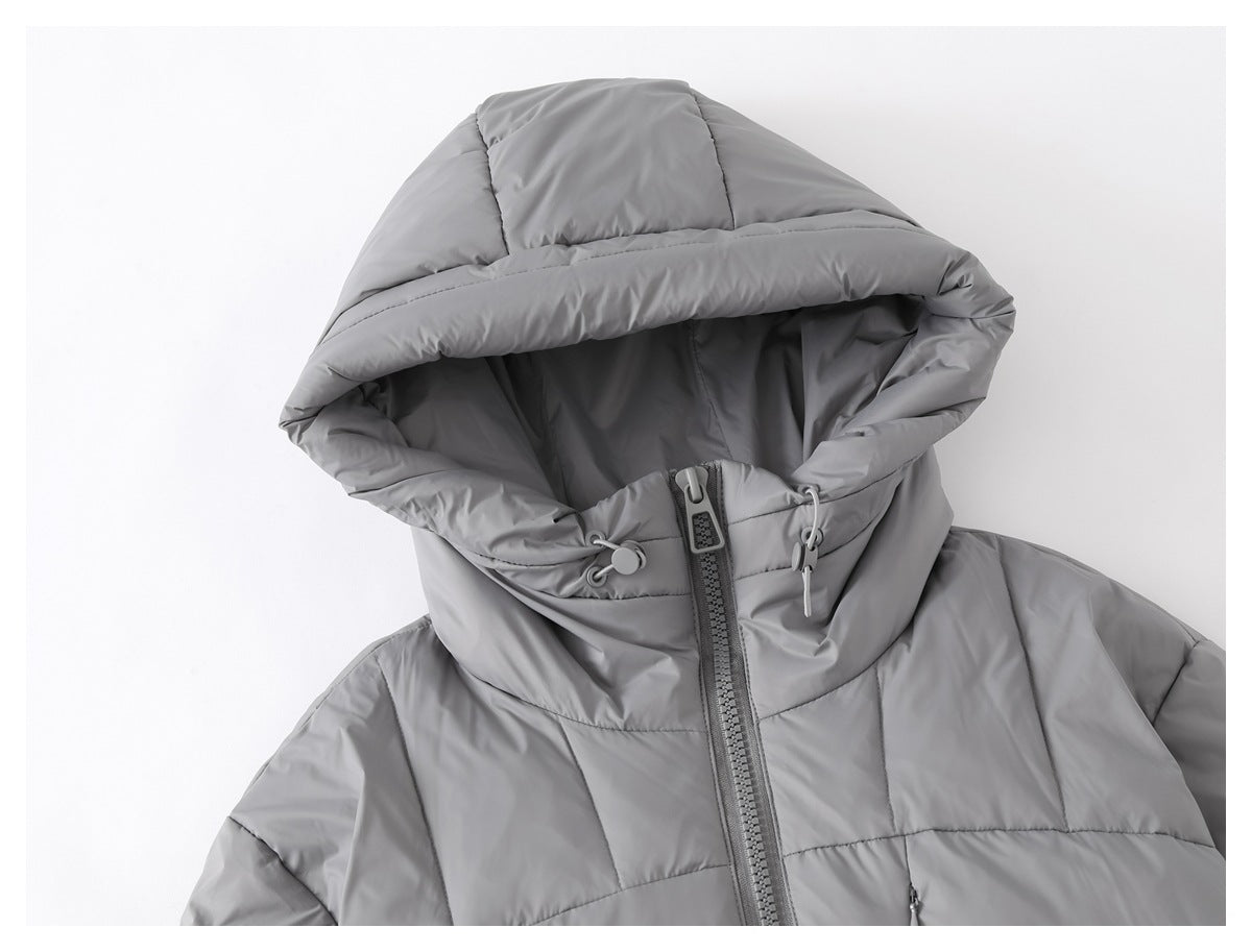 Close-up of the gray quilted jacket's hood, drawcords, high collar and front zipper.