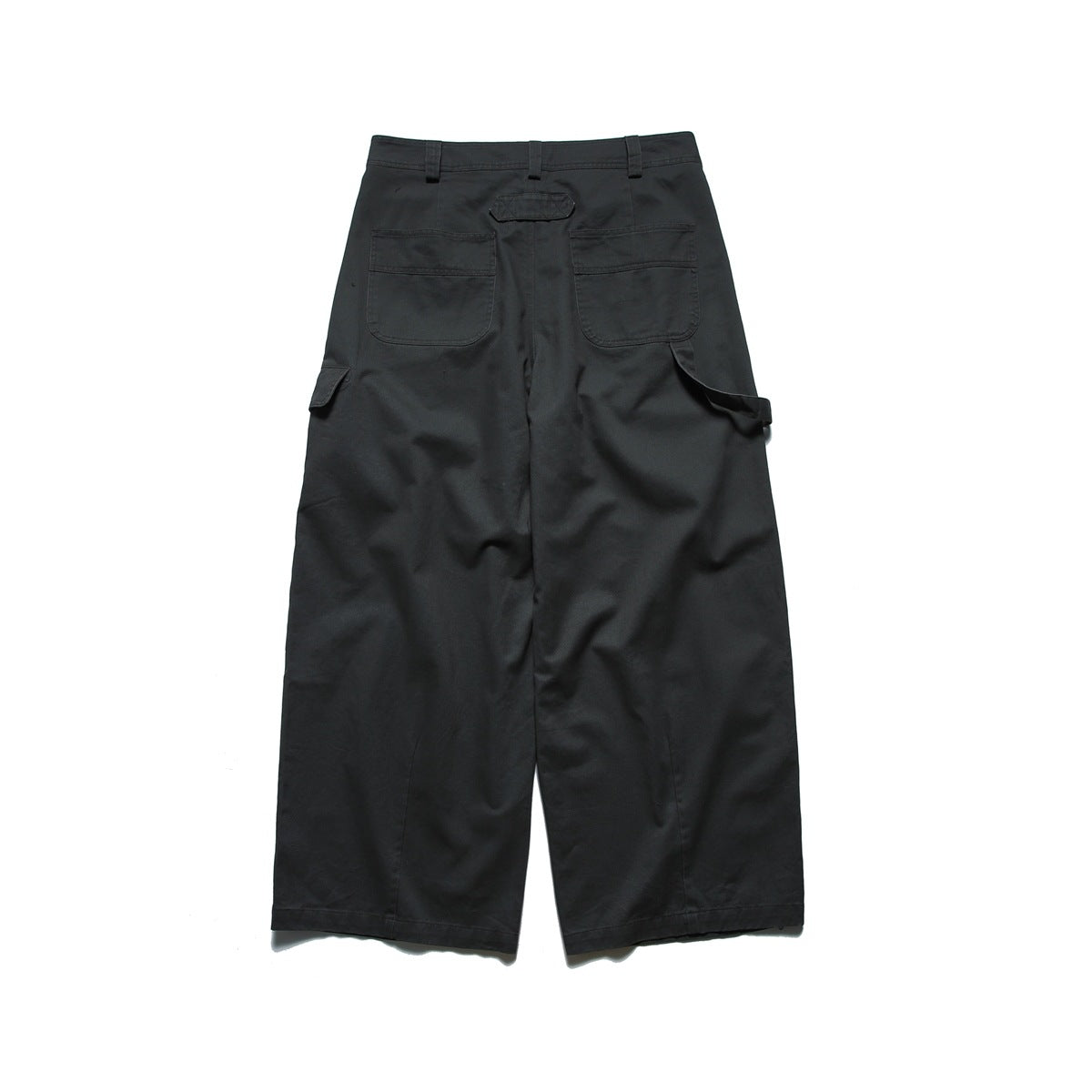 Dark gray wide-leg pants laid flat, back view, with two patch pockets and side carpenter loop