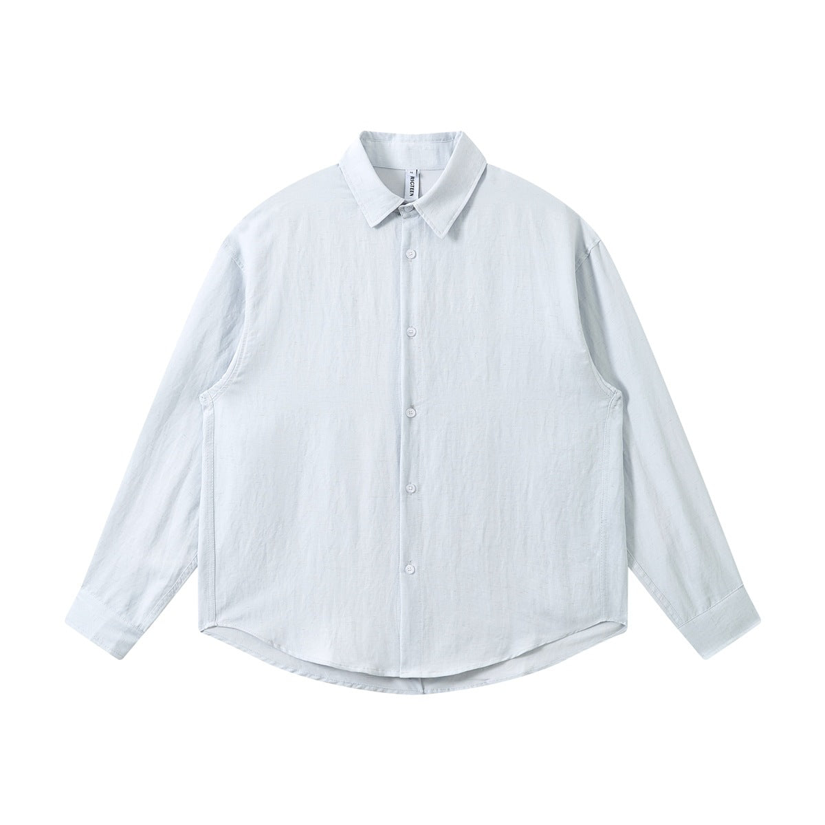 Light blue long-sleeve button-front shirt with pointed collar and curved hem, flat lay front view