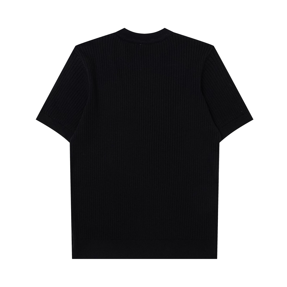 Back view of a black short-sleeve ribbed knit crew-neck T-shirt laid flat.