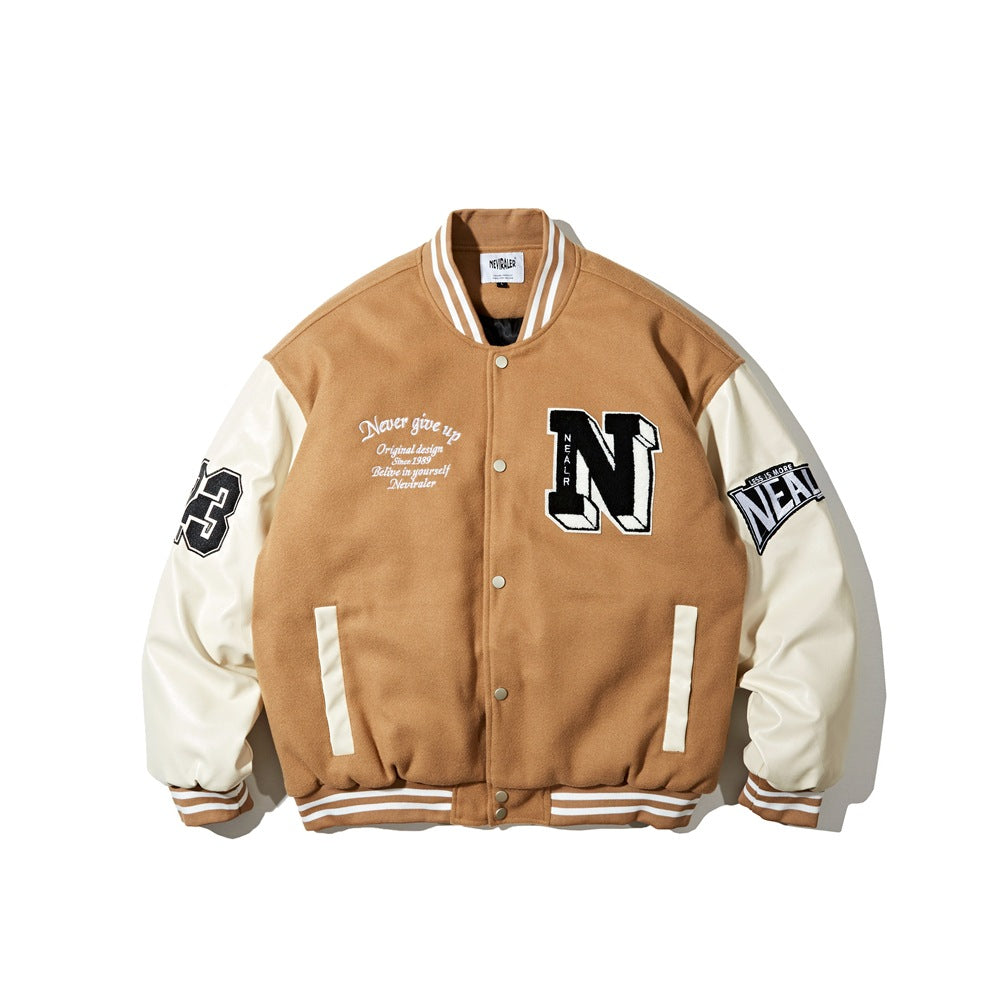 Khaki varsity jacket with cream sleeves, striped trim, snap front, black and white chenille N patch