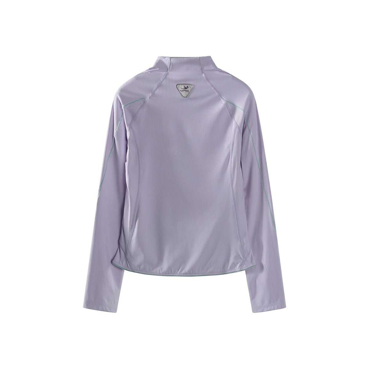 Back view of a pale lavender ribbed long-sleeve jacket with subtle mint piping and a high collar.