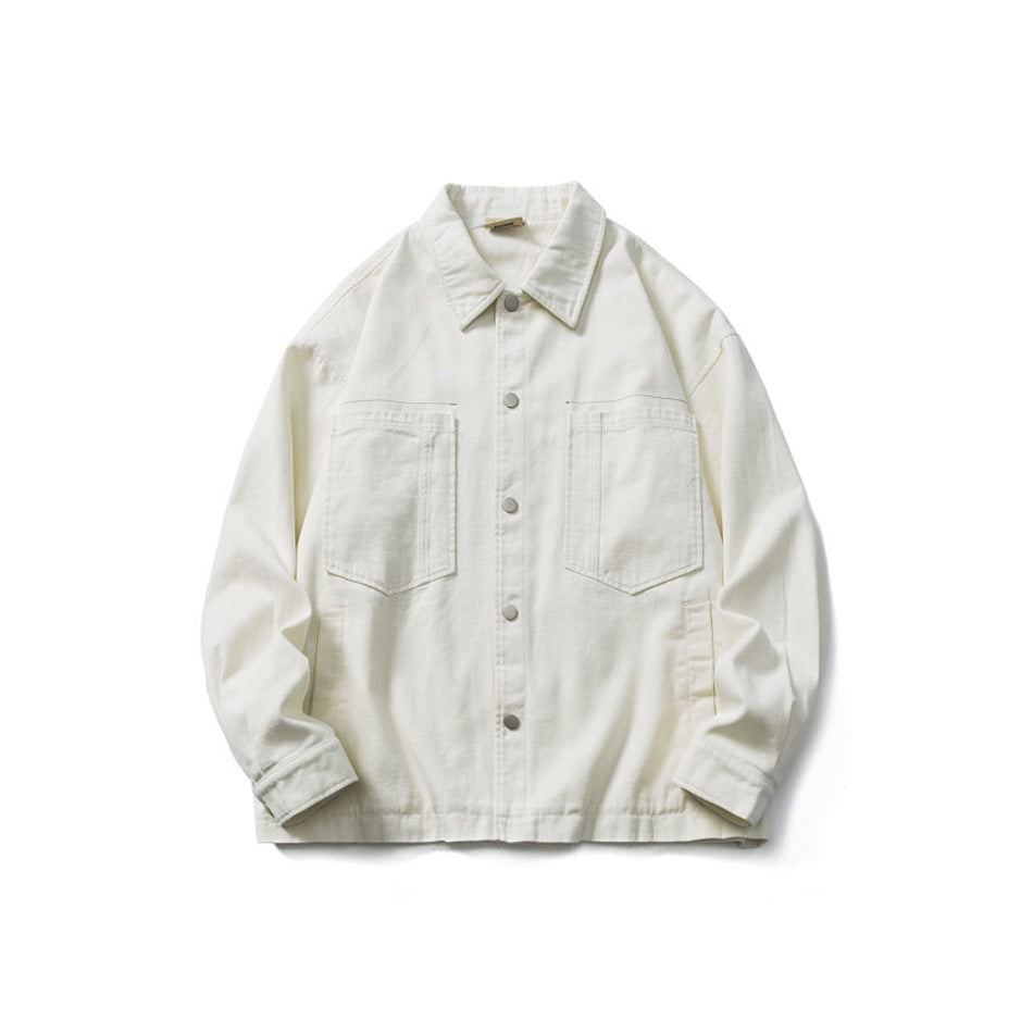 Off-white collared jacket flat lay, front view with snap buttons, two chest patch pockets and snap cuffs