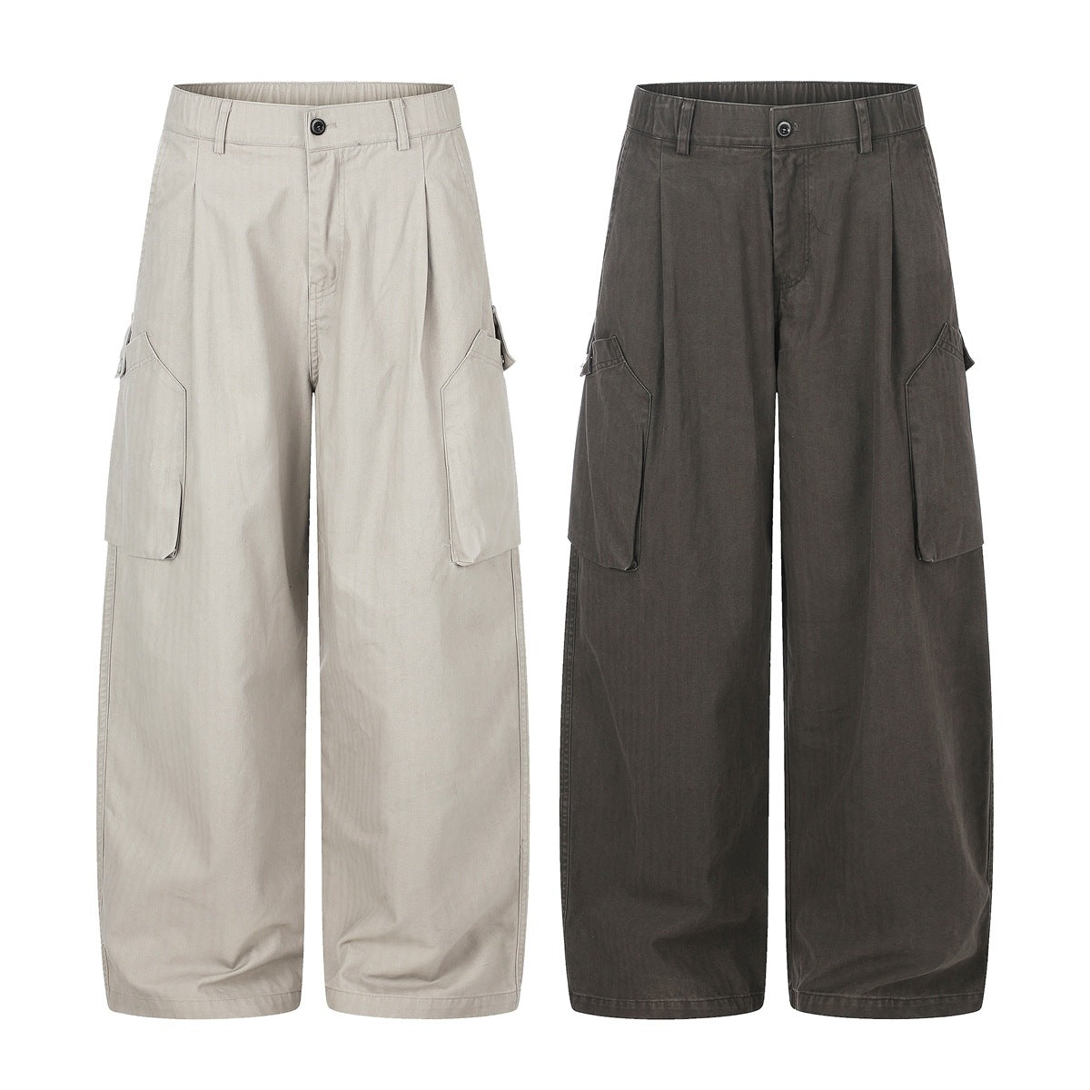 Front view of wide-leg cargo trousers in light greige and dark charcoal, each with large flap side pockets.