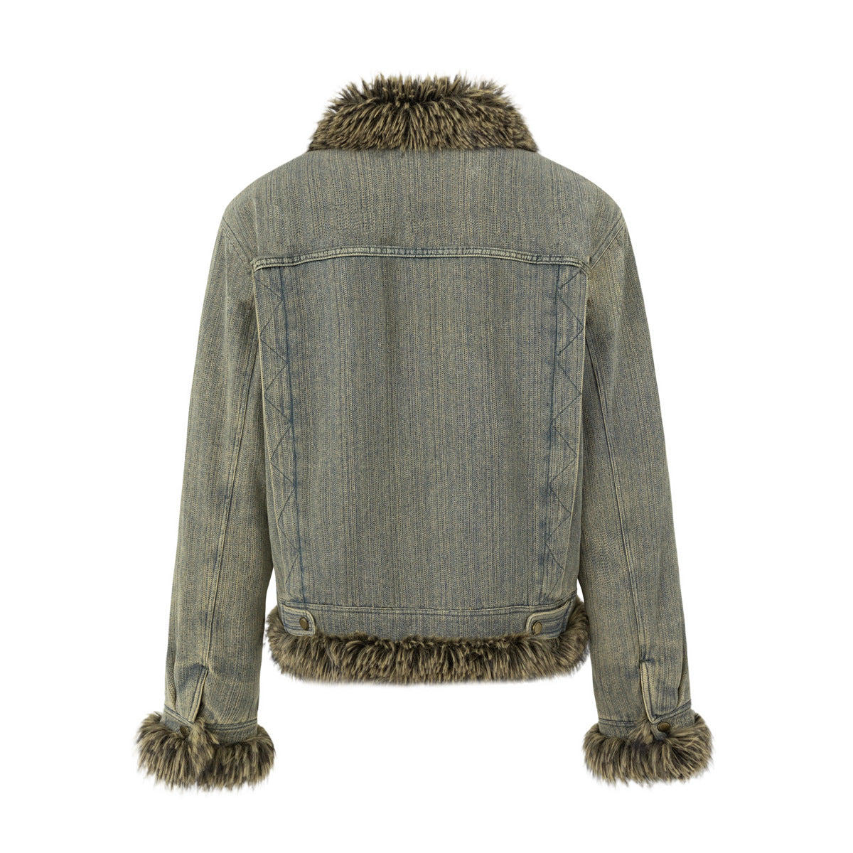 Back view of a blue-gray jacket with a brown-black fur collar, hem trim, and cuffs.