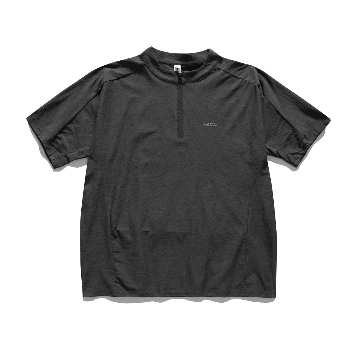 Gray short-sleeve quarter-zip T-shirt with stand collar, flat lay front view