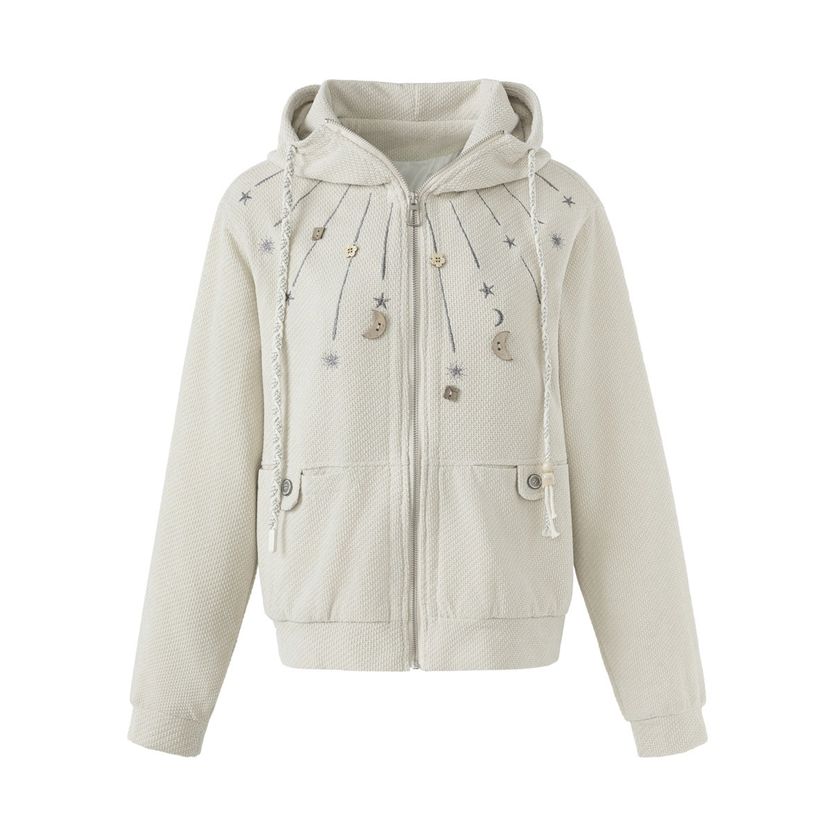 Apricot gray zip-up hooded jacket with embroidered stars, wooden moon buttons, braided drawcords and flap pockets