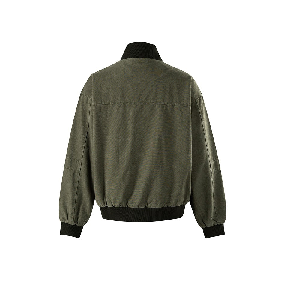 Back view of an olive jacket with a dark stand collar, gathered sleeves, and ribbed cuffs and hem.