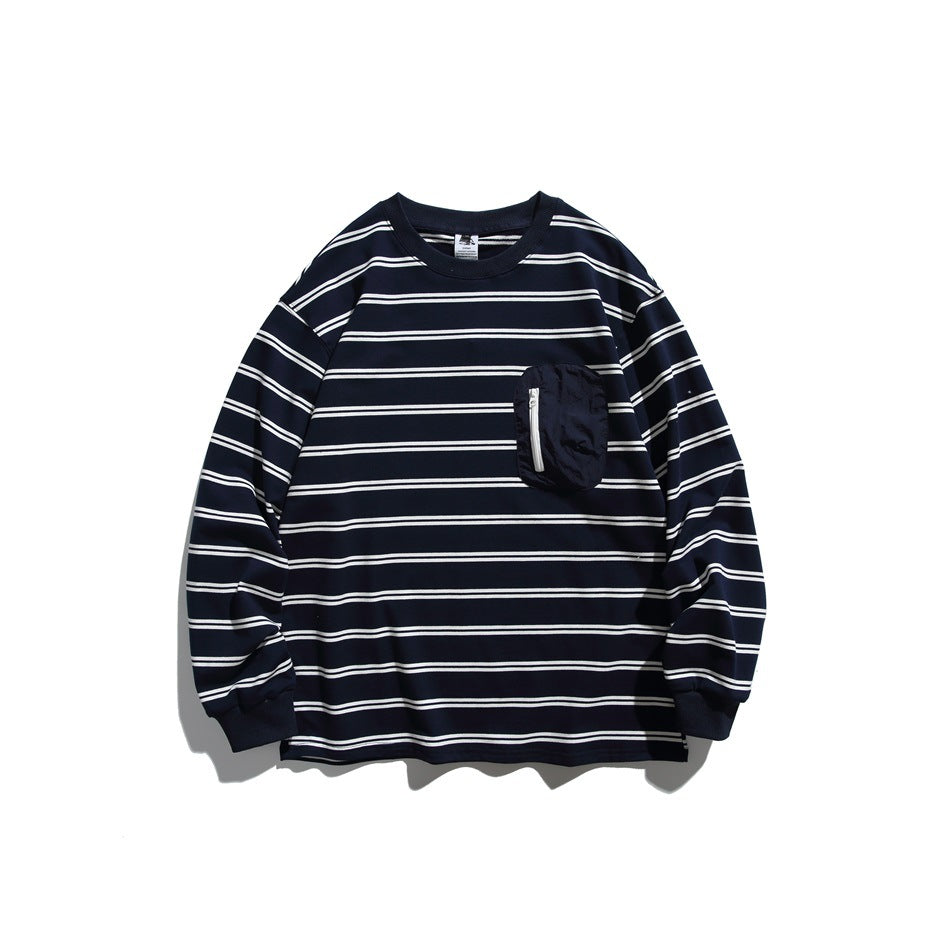 Navy long-sleeve crew-neck sweatshirt with white double stripes and a zippered chest pocket, flat lay