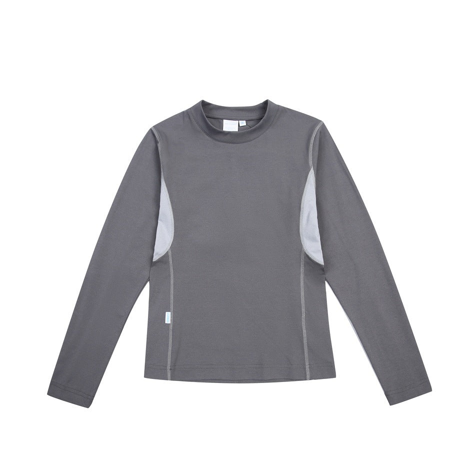 Dark gray long-sleeve top with light gray side panels and contrast stitching, flat front view