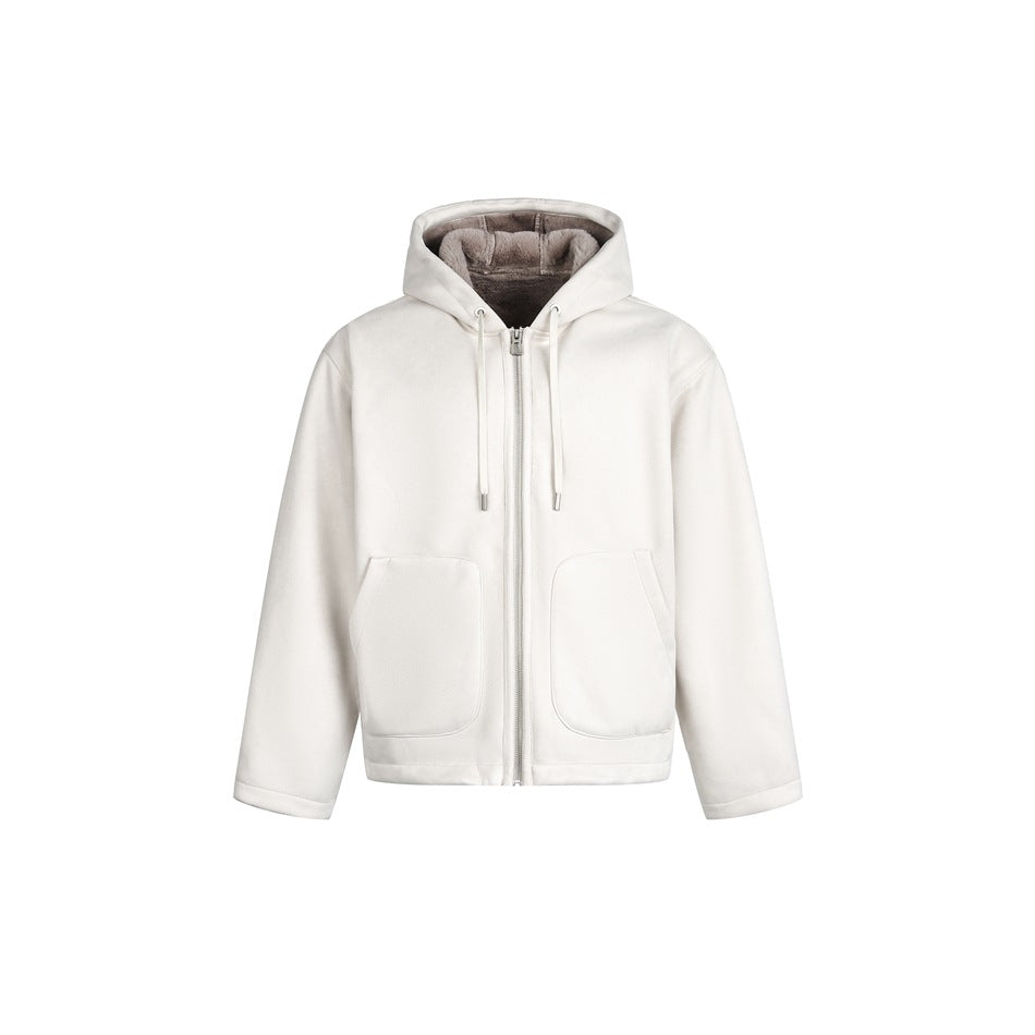Beige hooded zip jacket, front view, with drawstring cords, large patch pockets and a plush gray interior at the hood