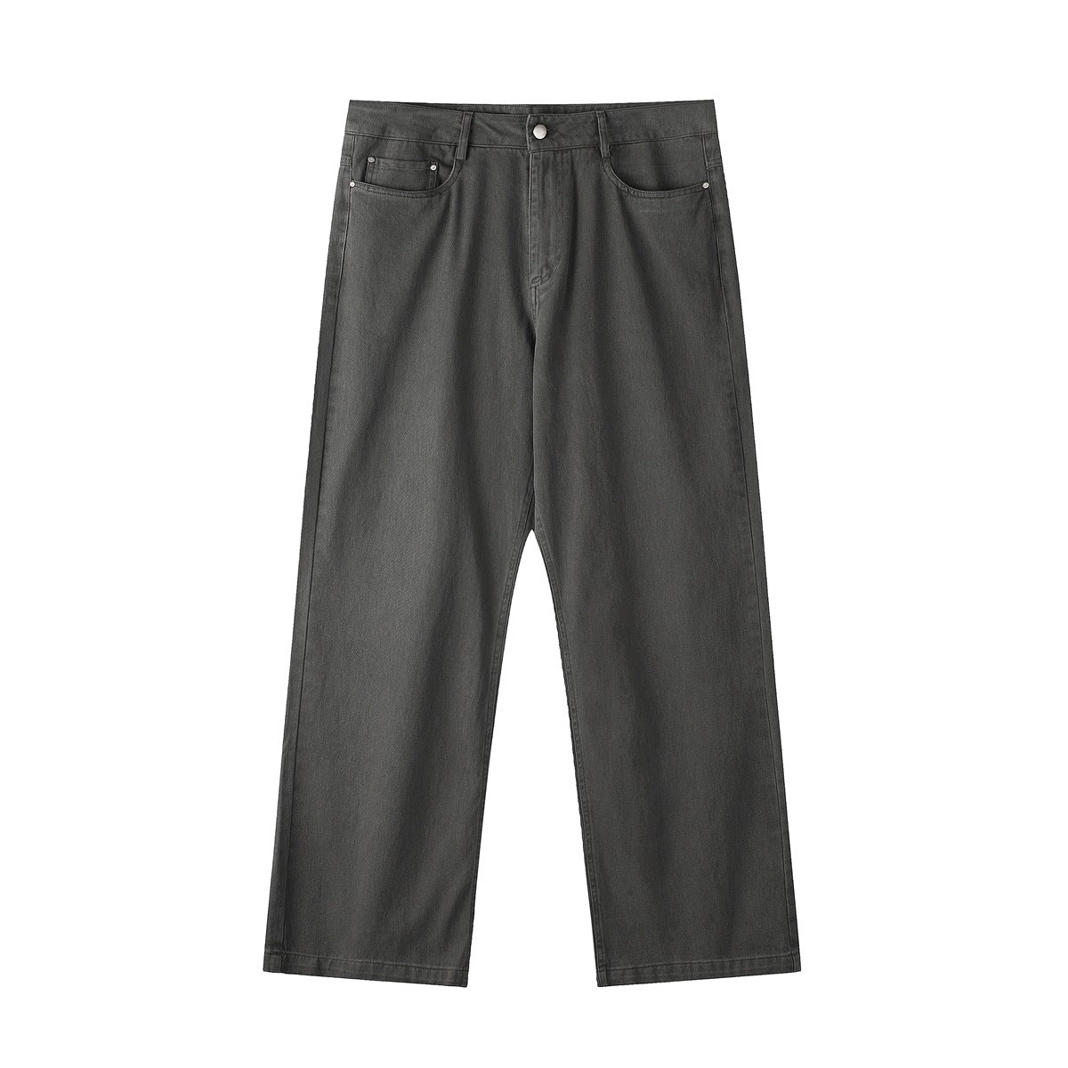 Dark gray wide-leg five-pocket twill pants, flat front view