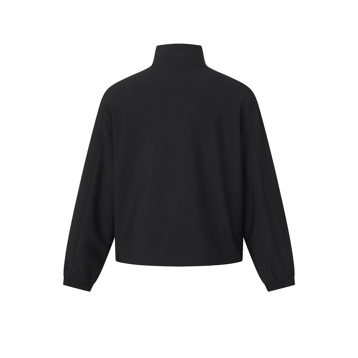 Back view of a plain black jacket with a stand collar, long sleeves, and elastic cuffs.