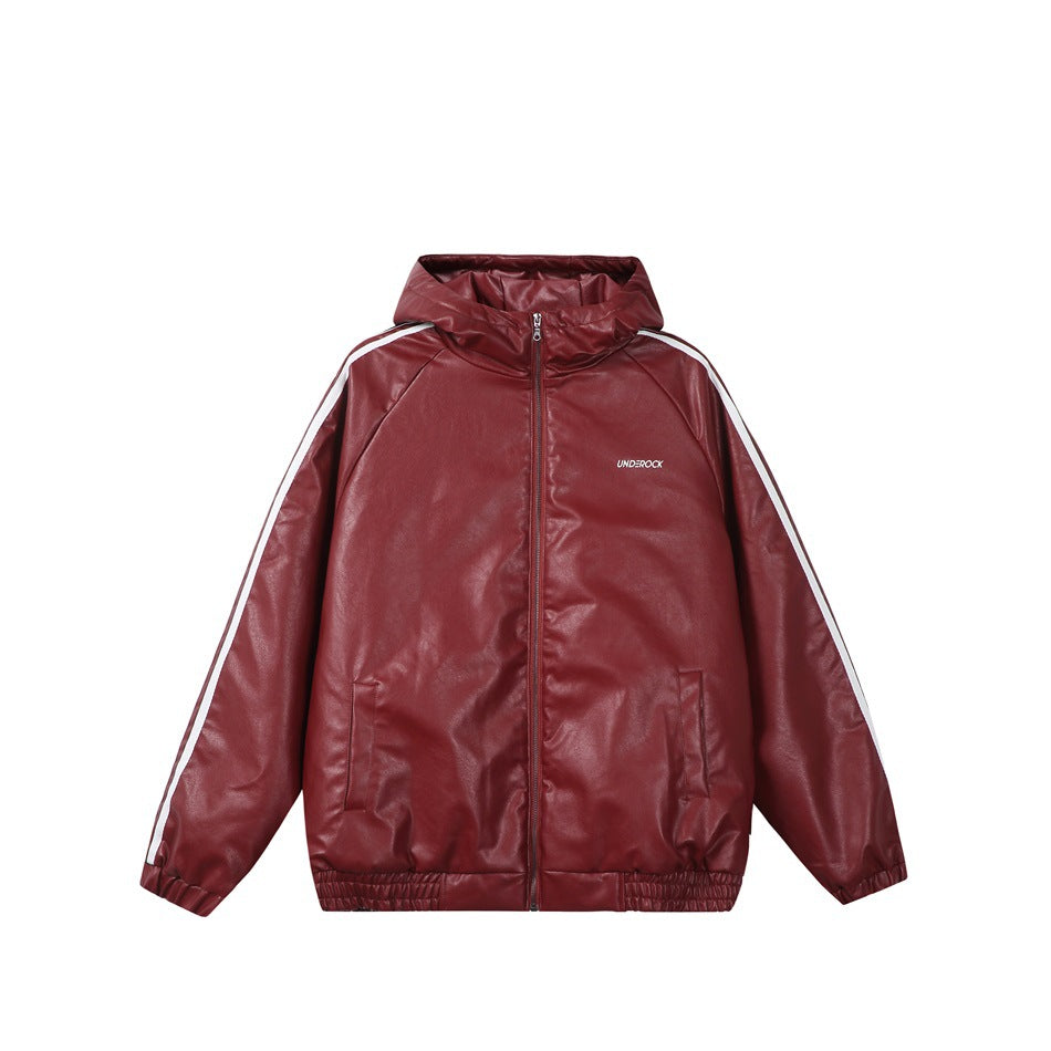 Deep red hooded zip-front leather-look jacket with white sleeve stripes and front pockets, flat lay