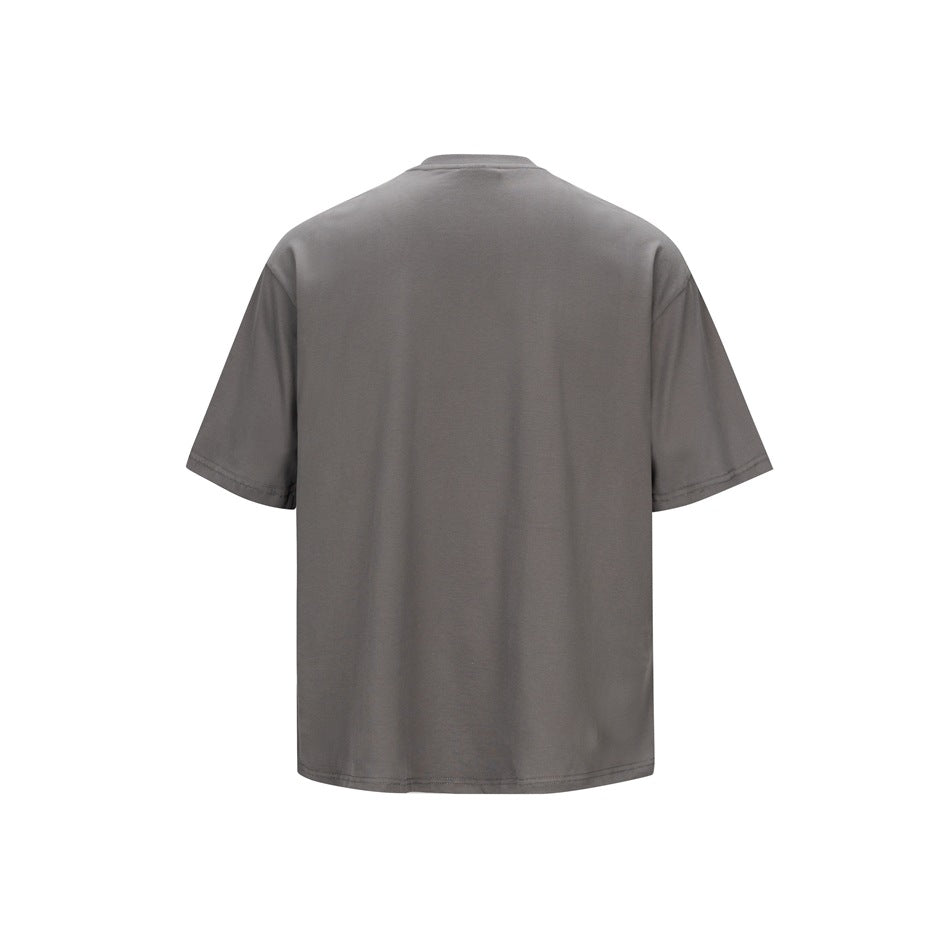 Back view of a plain gray short-sleeve crew neck T-shirt with dropped shoulders