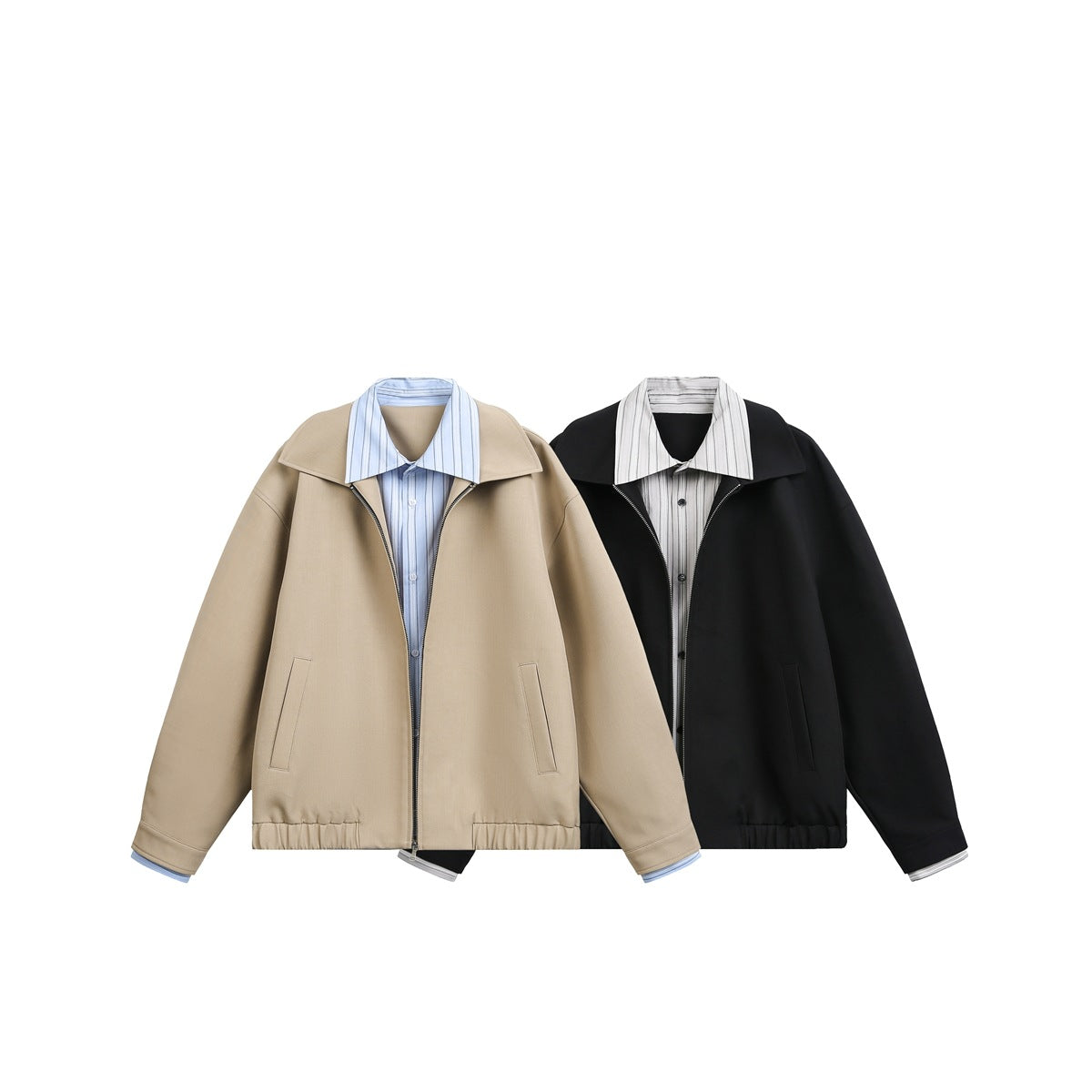 Beige and black zip-front jackets shown together, each with a wide collar, front pockets, and gathered hem.