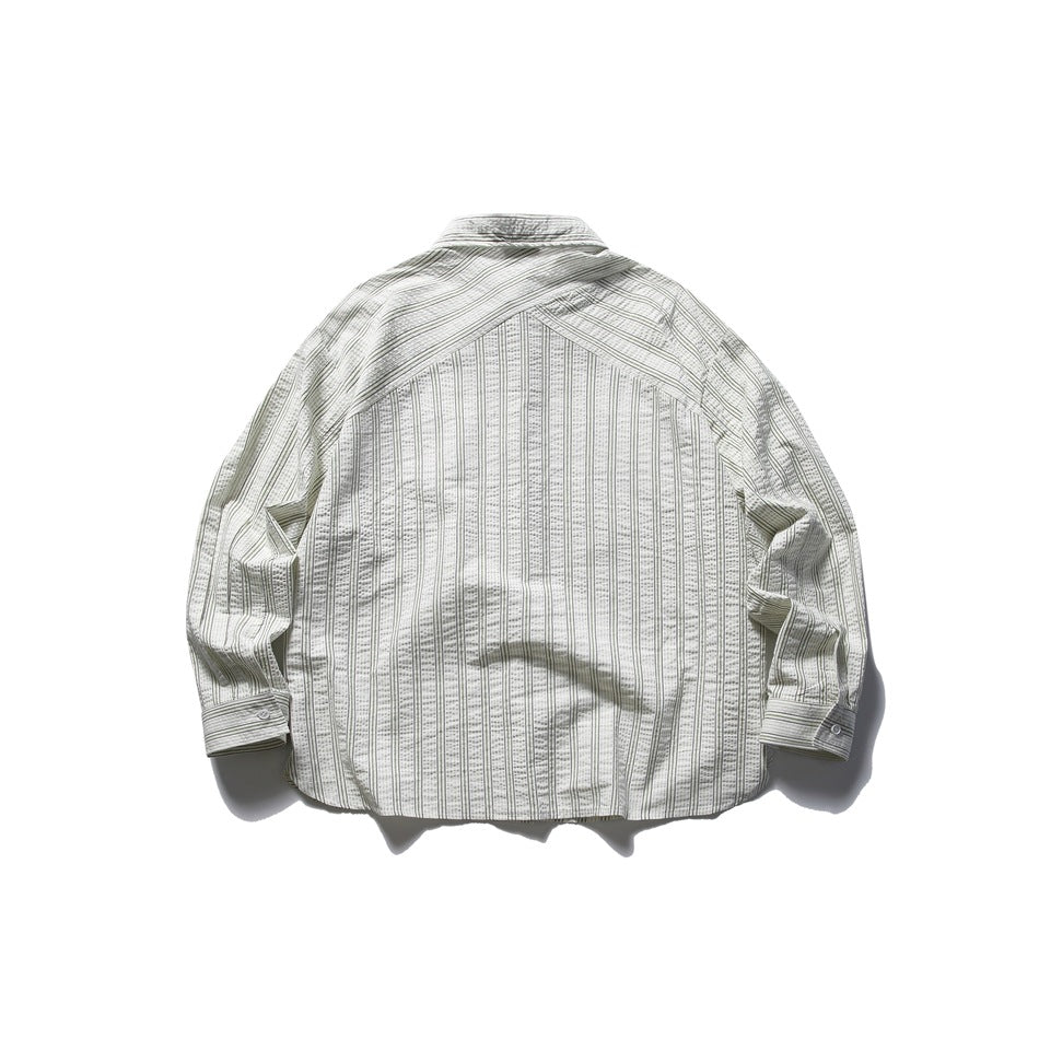 Back flat lay of an off-white striped seersucker-style long-sleeve shirt showing yoke seam and buttoned cuffs