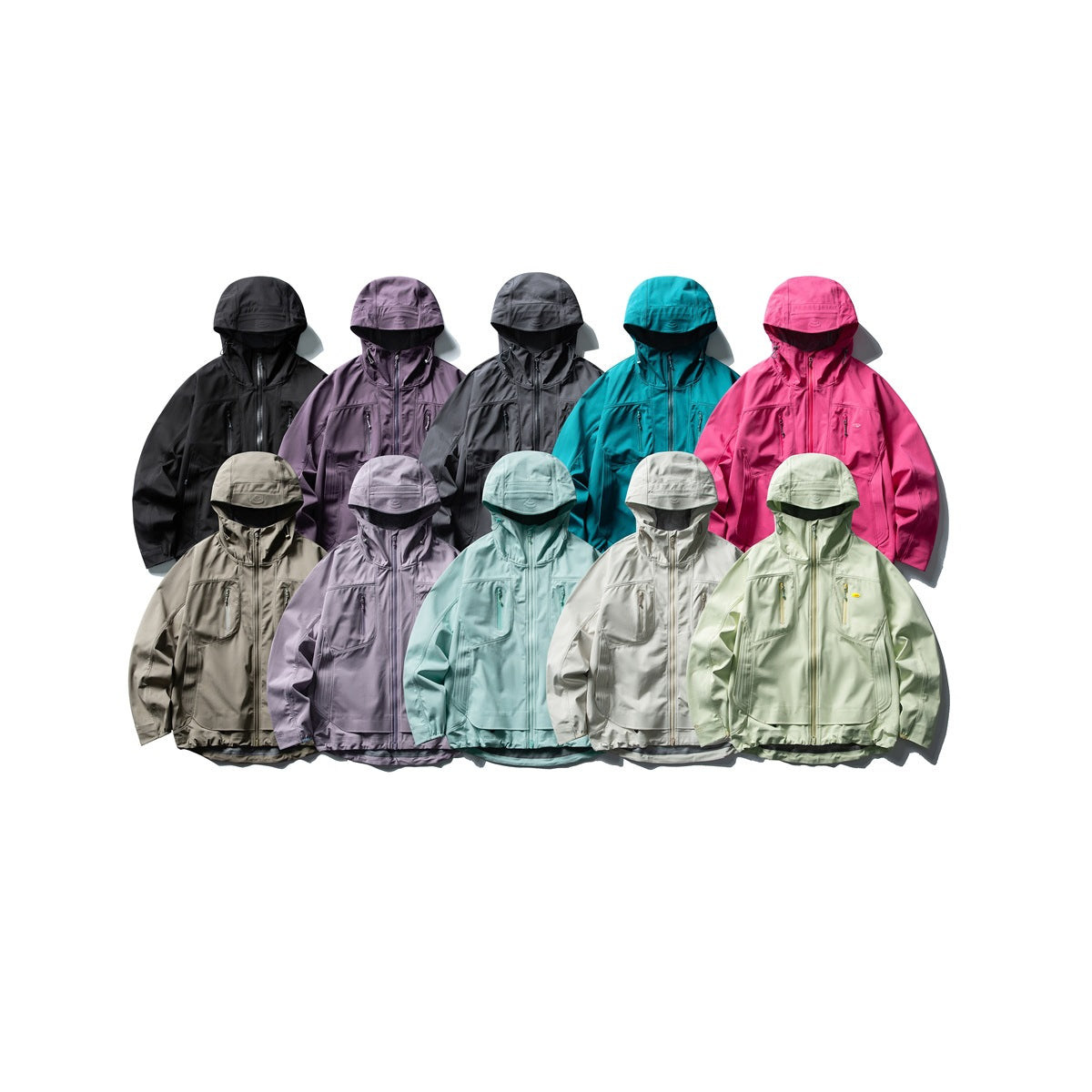 Ten hooded zip jackets arranged in two rows in black, purple, gray, teal, pink, taupe, aqua, white, and pale green.