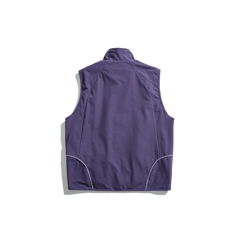 Back view of a purple sleeveless vest with a stand collar and curved piping near the hem.