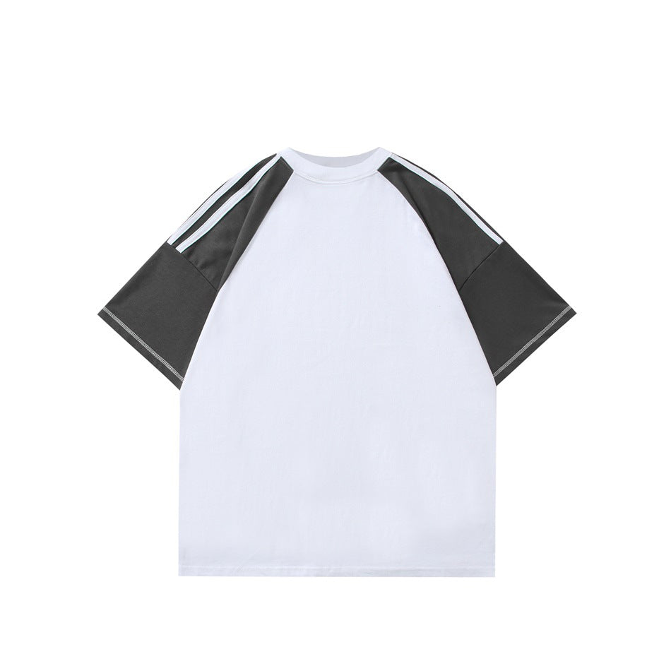 Back view of a white T-shirt with dark gray raglan sleeves, white shoulder stripes and contrast topstitching on the sleeve