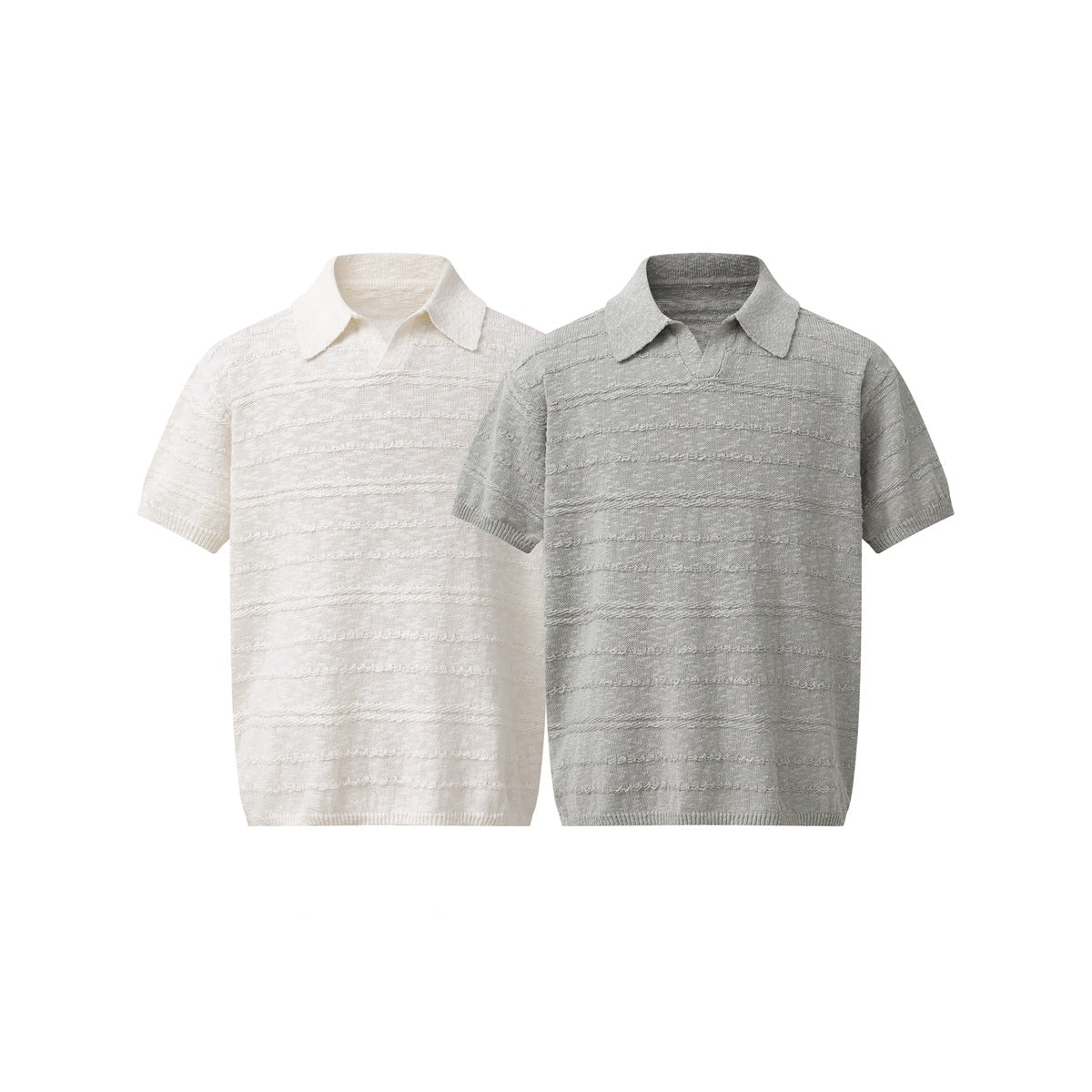 Front view of two short-sleeve knit polo shirts in ivory and light gray with horizontal textured bands.