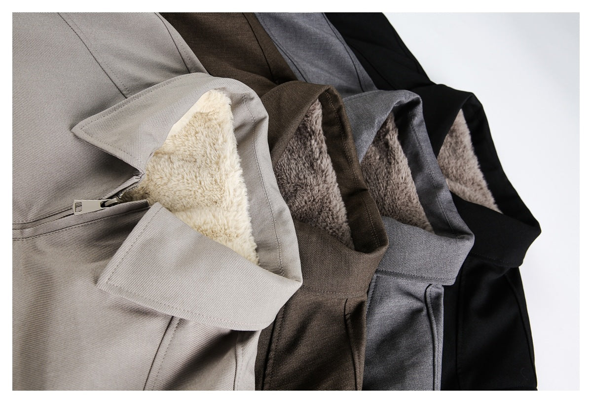 Close view of four collared jackets in light gray, brown, charcoal, and black, showing their plush linings and zippers.