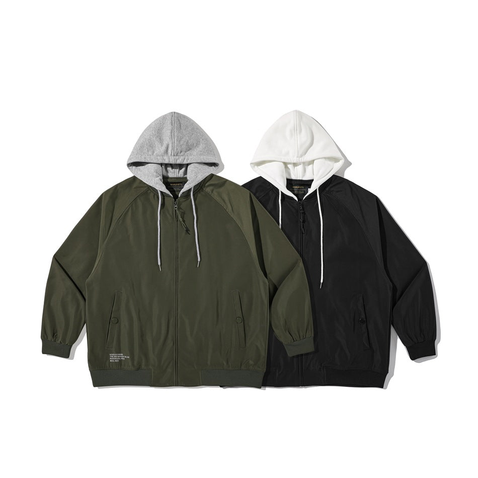 Two zip-front hooded jackets shown together: olive with a gray hood and black with a white hood.