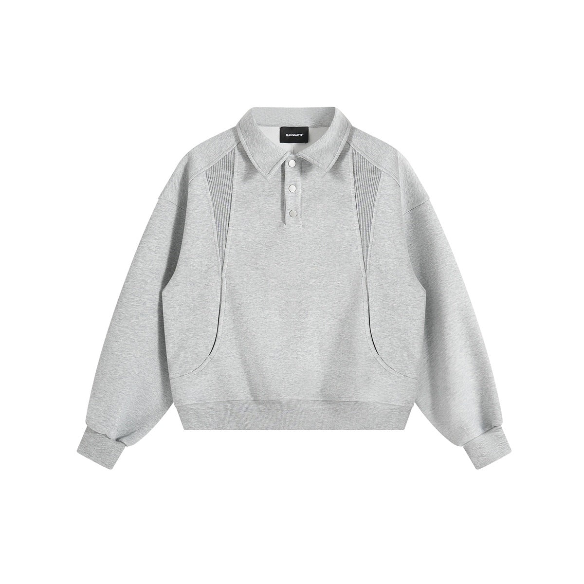 Heather gray polo-collar sweatshirt with three snaps and ribbed chest panels, flat front view