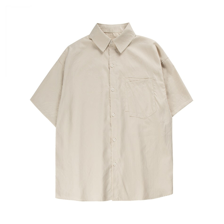 Apricot beige short-sleeve button-up shirt with chest pocket, flat lay front view