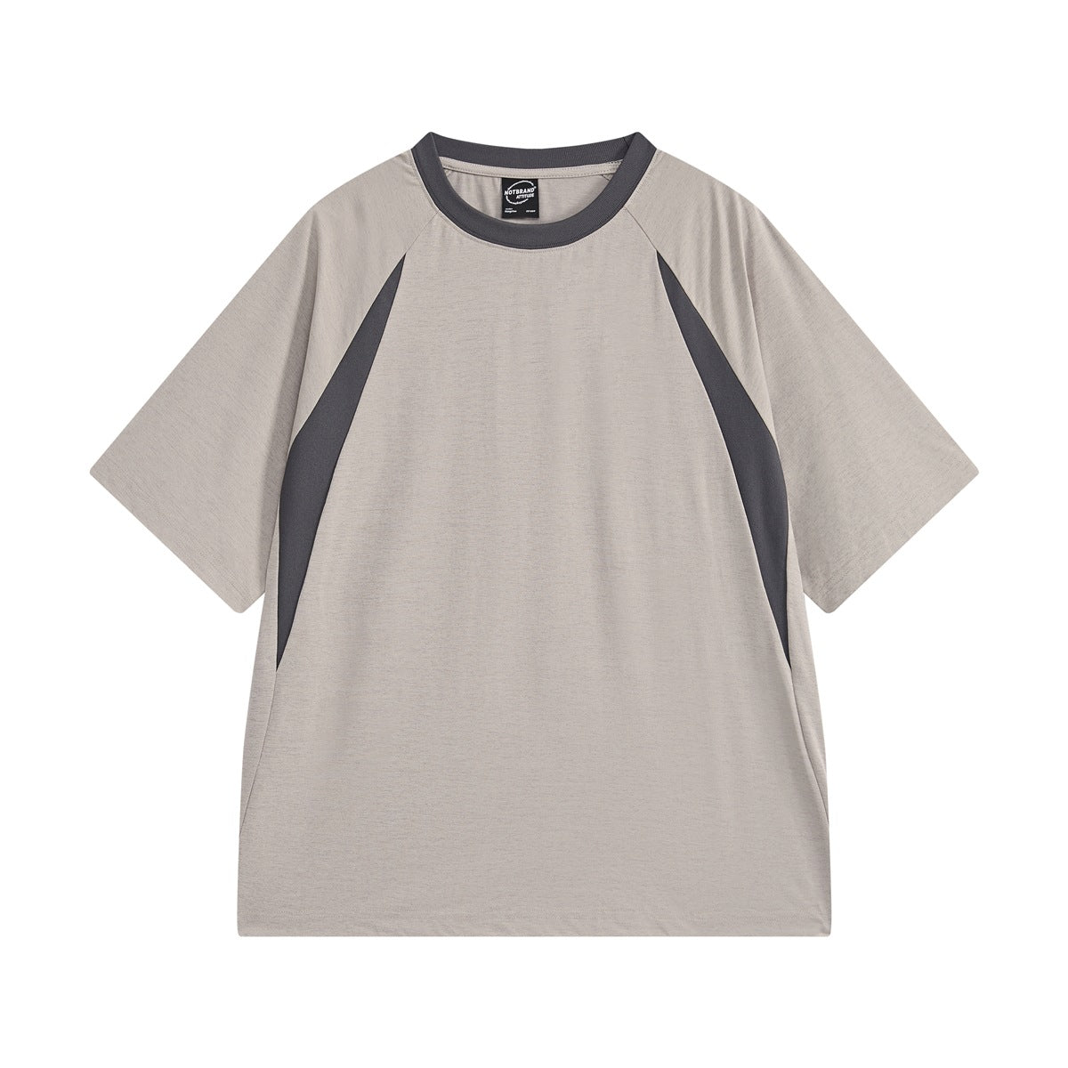 Light taupe gray short-sleeve raglan T-shirt with dark gray neckband and curved side panels, front flat lay