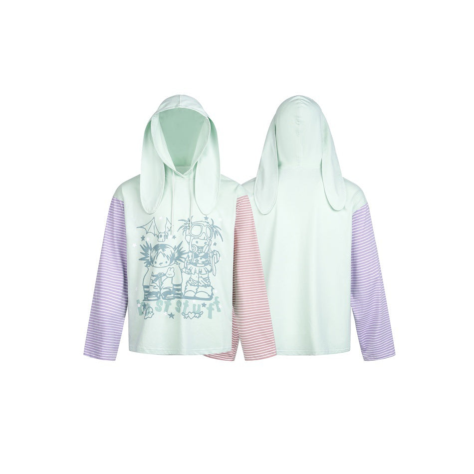 Product display showing the front and back of a pale mint hoodie with long hood panels, striped sleeves, and a front graphic.