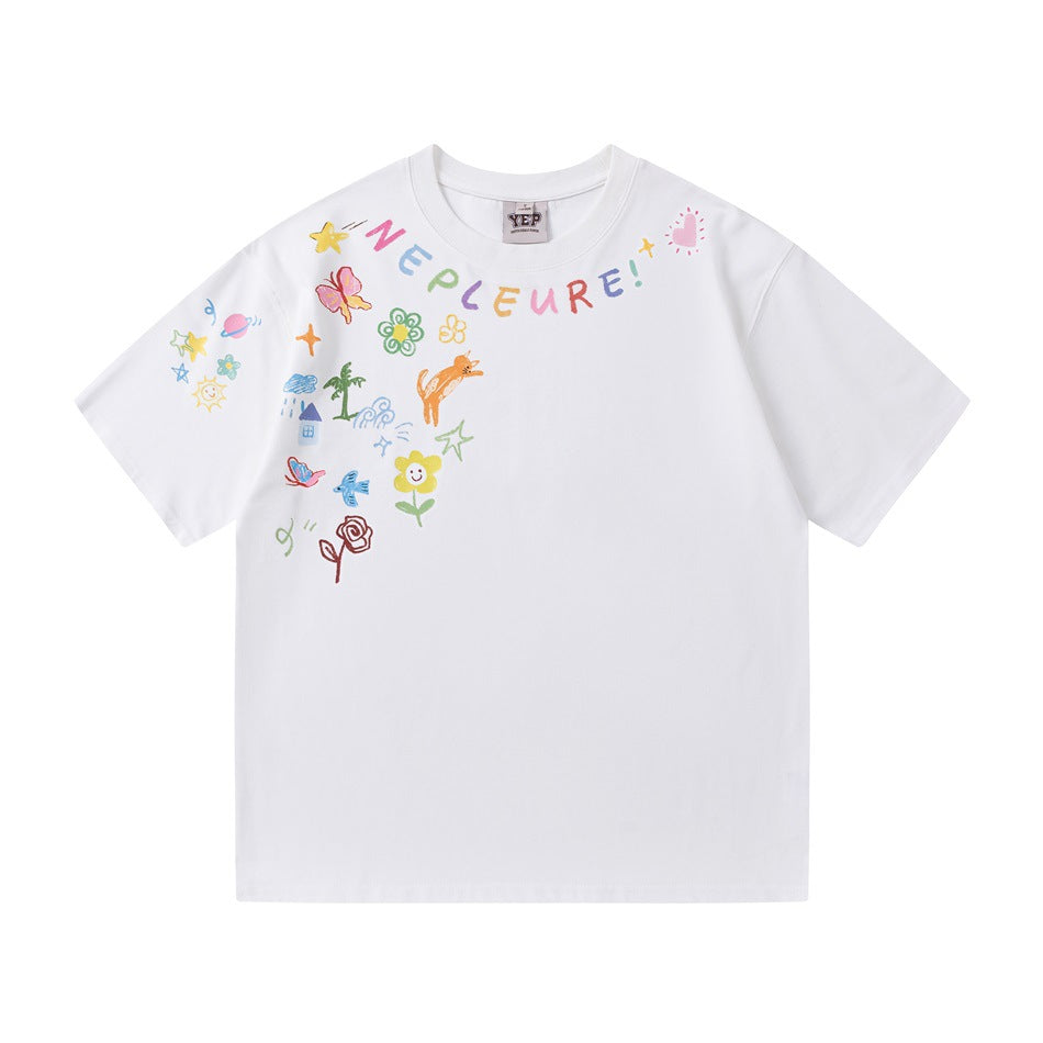 White short-sleeve crew-neck T-shirt with colorful doodle prints and multicolor lettering across the neckline and shoulder